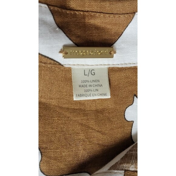 Magaschoni Floral Brown & White Button-Down Long Shirt Dress 100% Linen Large - Picture 9 of 11